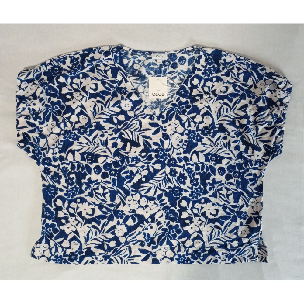 CeCe NWT Floral V Neck Short Sleeve Top Womens 1X Blue White Botanical Blouse